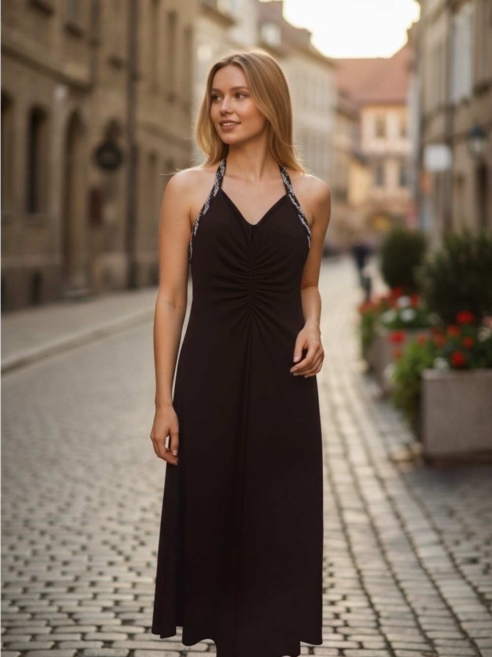 BCBGMaxAzria Black Halter Ruched Maxi Dress with Patterned Straps
